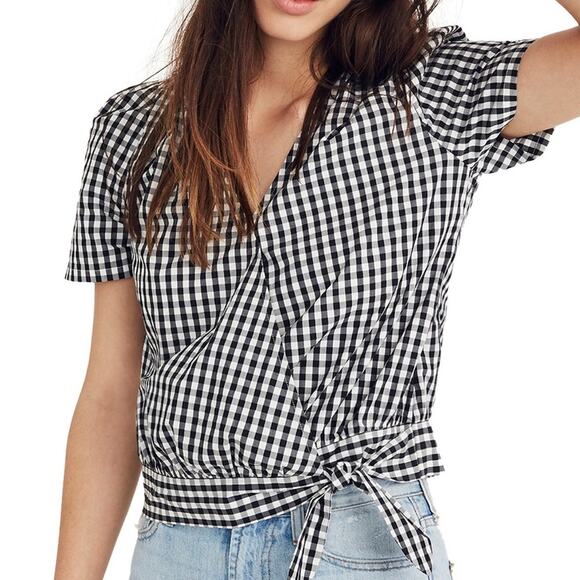 Madewell Surplice Black & White Gingham Short Sleeve Wrap Tie Top Size XXS - Picture 1 of 8